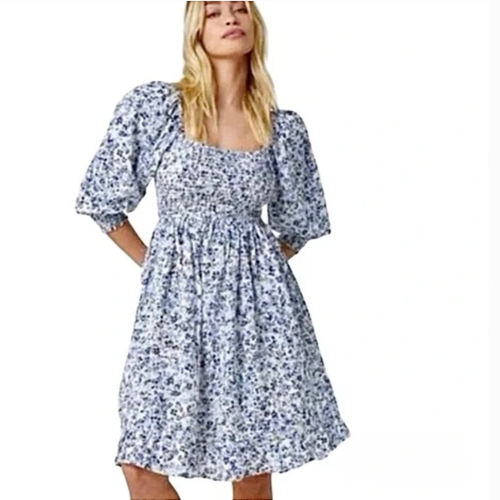 Super Natural Puffed Sleeve Peasant  Dress -  Women M - NWT